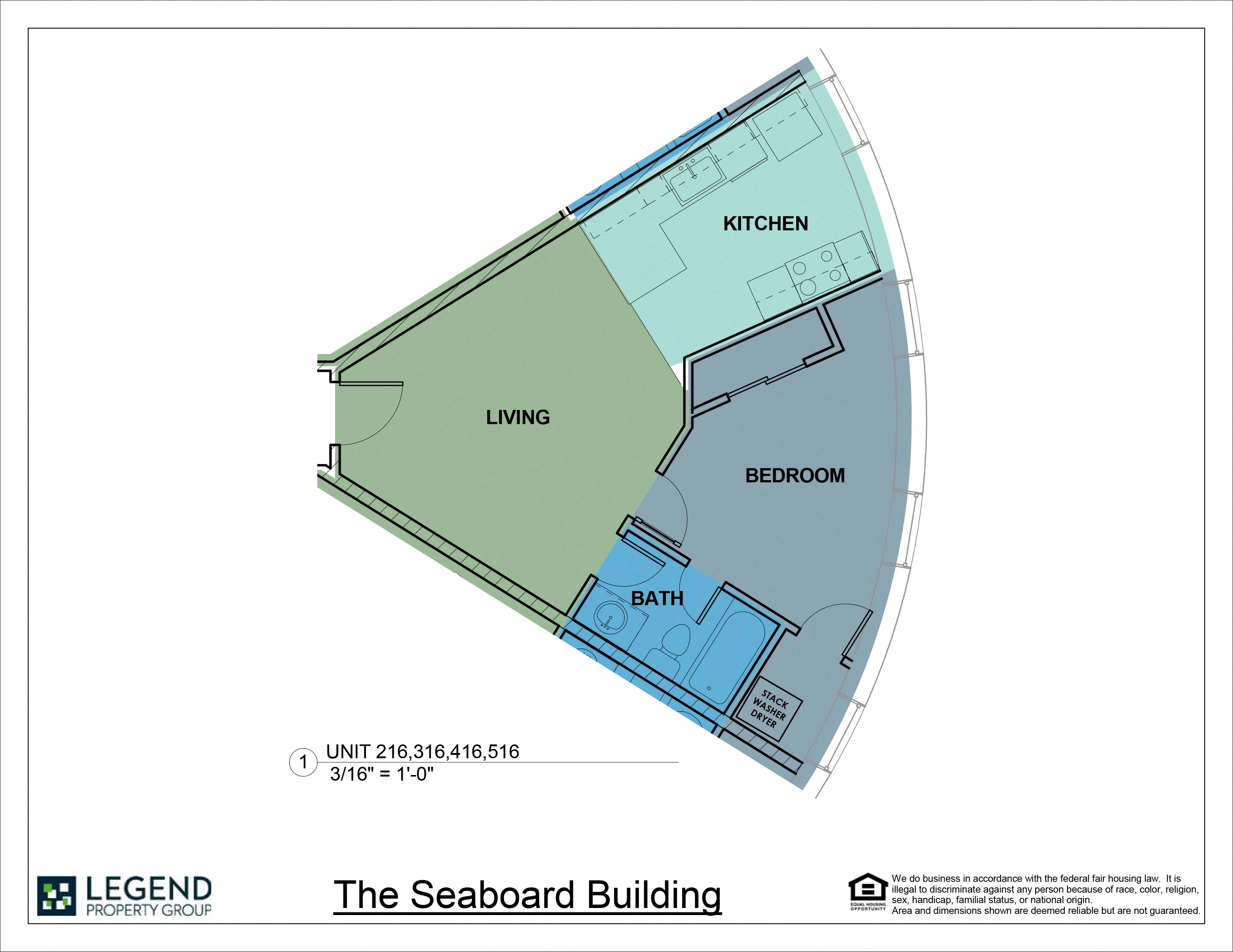 Floor plan for 1 bed, 1 bath, 577 sqft